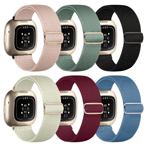 Chinbersky 6er-Pack Armband Kompatibel mit Fitbit Versa 3/4 und Sense - Verstellbares Dehnbares Nylon Sportband für Damen und Herren