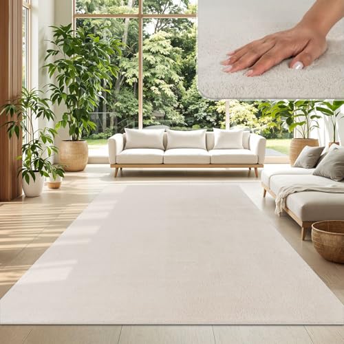 TT Home Wohnzimmer Teppich Kurzflor Anti-Rutsch Rückseite Unifarben Modern Waschbar, Farbe: Creme, Größe:160x220 cm
