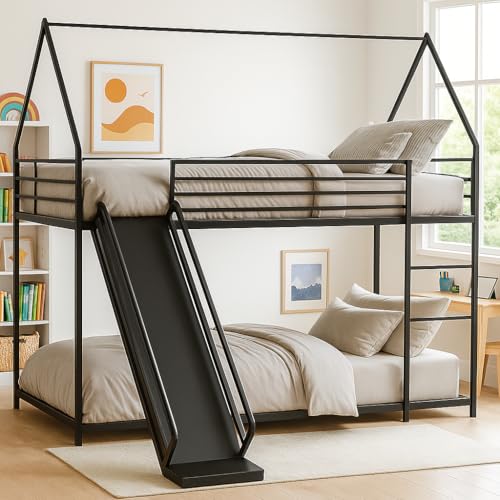 NordicLume Hochbett Kinder mit Rutsche – Etagenbett 90x200 cm – Robustes Metall Hausbett, sicher & platzsparend für Jungen & Mädchen (Schwarz)