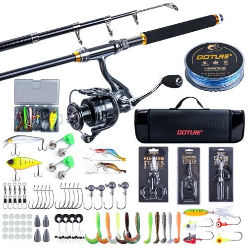 Goture Angelset mit Teleskop-Angelruten (24T Carbon), 1,8m Angelrute Set Komplett 5.2:1 Spinnrolle, 150m/14kg Schnur, Köderbox & Tragetasche – für Salz-/Süßwasser, Reisen–Angelgeschenk