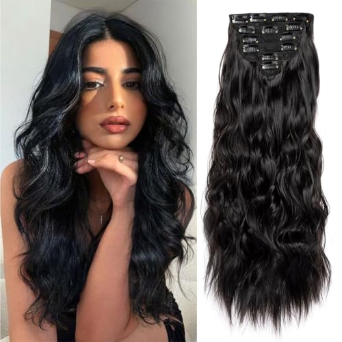 Clip-in-Haarverlängerungen für Damen, lange gewellte, lockige Haarverlängerung, Kunsthaar, dicke Haarteile, 55,9 cm, 6 Stück (Natural Black)