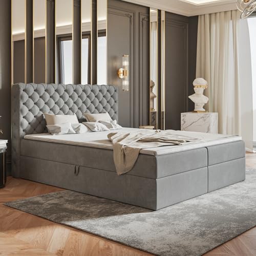 MOTIVENA Nero Chesterfield Boxspringbett 180x200 mit Bettkasten und Topper, Polsterbett 180x200 mit Bettkasten, Taschenfederkern-Matratze (H3), Visco Topper (H2), Samt, Grau (Hellgrau)