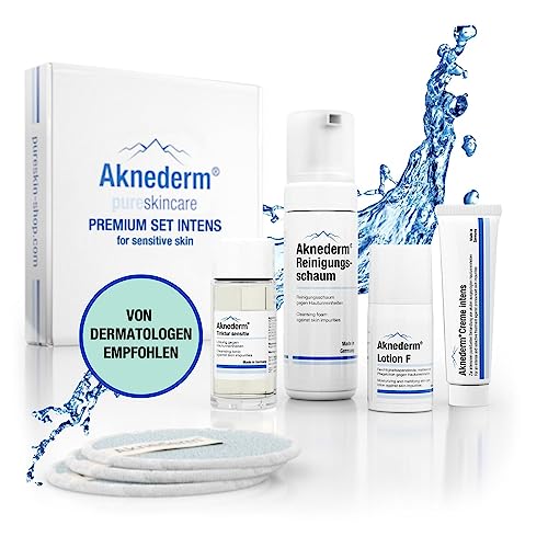 aknederm Premium Set intens für sensible Haut - Set mit Tinktur sensitiv/Reinigungsschaum/Lotion F/Creme intens & Reinigungspads - natürliches Skincare Set - ideal zur Akne Behandlung 230ml