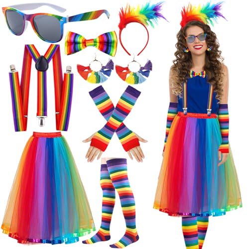 Regenbogen Kostüm Damen Karneval Bunter Tüllrock Lang Feder Haarreif Handschuhe Ohrringe Socken Regenbogen Rock Kleid Damen 50er Jahre Rockabilly Kostüm Frauen Fasching Tüllrock Bunt Frauen Lang