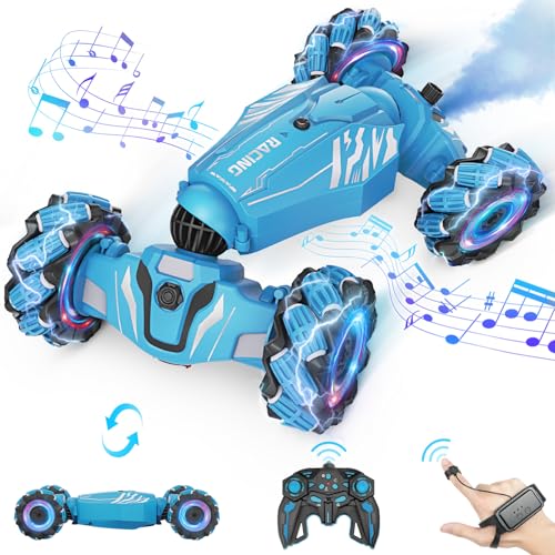 Dysaim Ferngesteuertes Auto ab 6 7 8 9 10 12 Jahre, 4WD RC Auto mit Handsteuerung, 2.4Ghz 360°Drehung Drift Stunt Car mit Licht Musik Spray, Weihnachten Geschenke Spielzeug für Jungen Mädchen, Blau