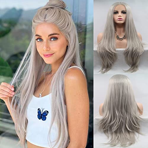 AFBeauty Lace-Front-Perücke für Damen, grau/silberfarben, lang, natürlich, glatt, graue Perücke, Asch-Platinblond, Echthaar-Perücke, klebefrei, vorgezupfter Haaransatz, synthetisch, hitzebeständig