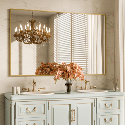 BEAUTYPEAK Rechteckiger Wandspiegel,120x75cm Badezimmerspiegel mit Gold Aluminiumrahmen, Bruchsicherer Wandspiegel für Bad, Schlafzimmer, Wohnzimmer, Rectangular Bathroom Mirror