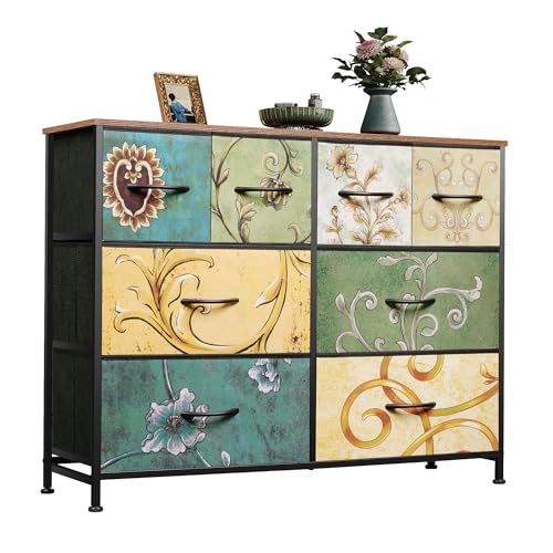 WLIVE Kommode mit 8 Stoffschubladen Dreilagig, Kommodenschrank für Schlafzimmer, Kommode Wohnzimmer, mit Stabiler Stahlrahmen, Bohemien