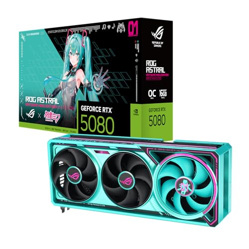 ASUS ROG ASTRAL RTX5080 16GB GDDR7 OC Hatsune Miku Edition Quad-Lüfter-Gaming-Grafikkarte (NVIDIA DLSS 4, 3.8 Slot Design, ARGB, PCIE 5.0, 2X HDMI 2.1b, 3X DisplayPort 2.1b, ROG-ASTRAL-RTX5080-O16G)