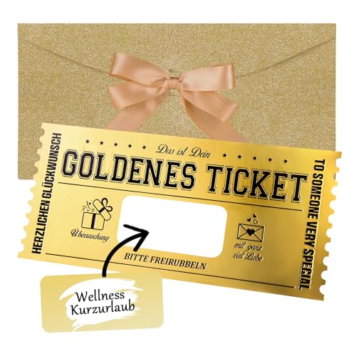 woric Goldenes Ticket, Gutschein zum selber ausfüllen mit Rubbelaufkleber Geschenkkarte Rubbellos selber machen Geschenke für Frauen Freundin Geburtstag Weihnachten Reise Kino