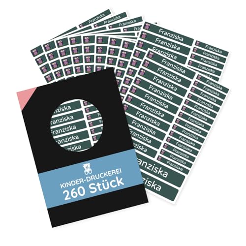 KINDER-DRUCKEREI 260 Stück personalisierte Namensaufkleber für Kinder - 3 Größen Set Mini/Mittel/Groß - Spülmaschine geeignet/Wasserfest/Kratzfest für Innen und Außen