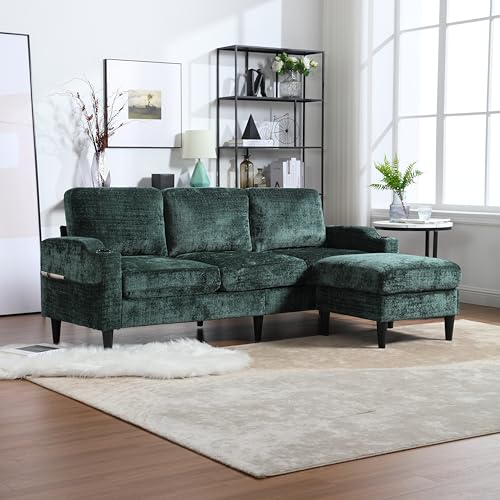 Merax 3-Sitzer Sofa Ecksofa L-Form mit Polsterhocker (inkl. Stauraum), Samtstoff-Couch klein mit bequemen Armlehnen, Getränkehalter & Seitentaschen – für Wohnzimmer/Schlafzimmer/Wohnung, Emerald