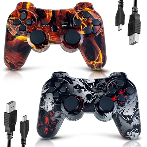 CHENGDAO Controller für PS3, 2 Pack Kabelloser Controller für Playstation 3 mit Double Shock Ergonomie, wiederaufladbarer Gamepad-Joystick mit Ladekabel (Skull & Fire)