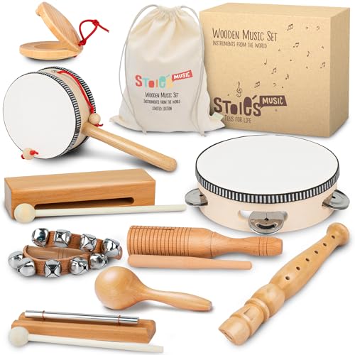 Stoie's International Musik-Set aus Holz für Kleinkinder und Kinder, umweltfreundliches Musik-Set mit Aufbewahrungstasche aus Baumwolle