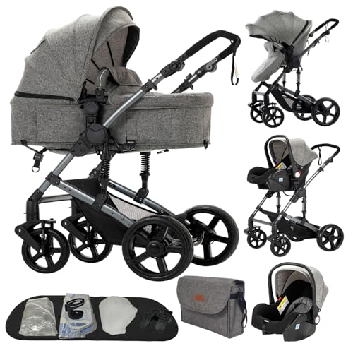 Aveainelle Kombi Kinderwagen 3 in 1, Babywanne, Reisesysteme und Autositz, Für Neugeborene Kinder von 0-36 Monaten, Maximale Tragkraft 25 kg (Grau)
