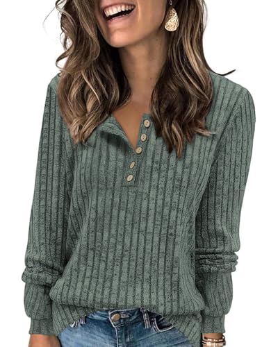 Tanmolo Damen Leichte Strickpullover Langarm Henley Shirt Herbst lässig Rundhals-Knöpfe Elegant Sweatshirt Tunika Tops Aschgrau-Grün, L