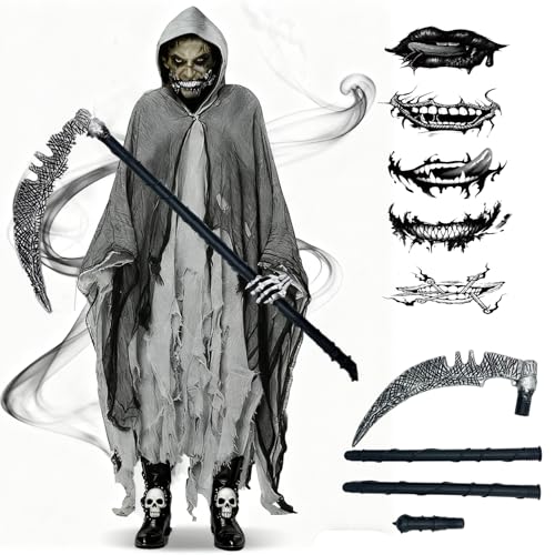 Halloween Kostüm Herren, Gruselig Sensenmann Halloween Kostüm Erwachsene, Hallowee Geister Umhang mit Kapuze, Halloweens Kostüms Horror, Horror Geister Kostüm für Damen Herren Halloween & Kostümfeste