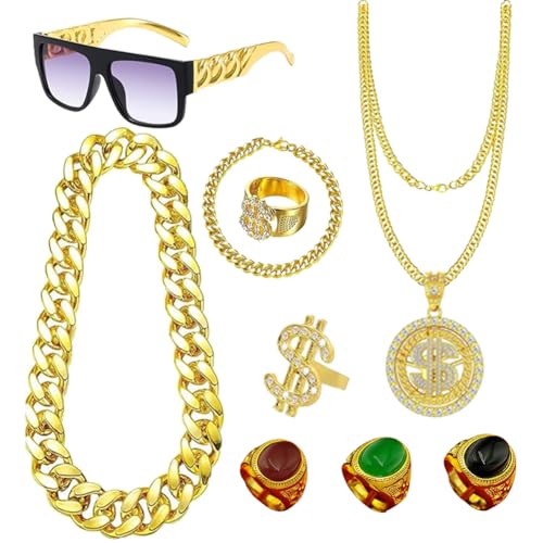 JJZENKD Karneval Kostümzubehör Erwachsene, 9 Stück 80s 90s Hip Hop Outfit, Mit Goldkette, Dollar Anhänger, Dollar Rings, Goldenes Armband, Goldene Ohrringe& Sonnenbrille, Gangster Kostüm für Herren