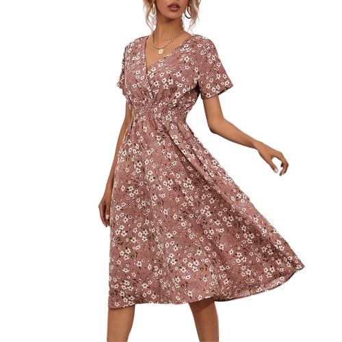 fdsmall Damen V Wrap Kleid Kurzarm V Neck Wrap Sommerkleid Midi Casual Floral Sundress A Line Kleid Strandkleid für Frauen Mädchen (DE/NL/SE/PL, Alphanumerisch, XL, Regular, Regular, Pink)
