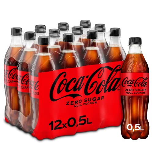 Coca-Cola Zero Sugar - koffeinhaltiges Erfrischungsgetränk mit originalem Coca-Cola-Geschmack - null Zucker und ohne Kalorien - in stylischen Einweg Flaschen (12 x 500 ml)