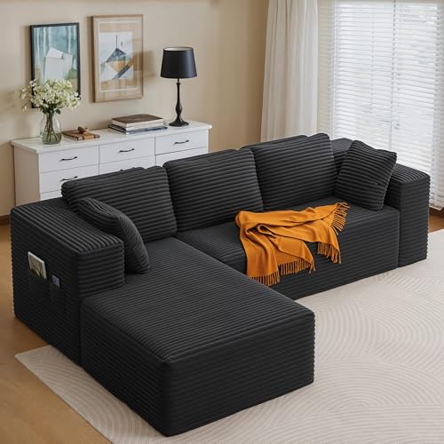 Xbro Ecksofa L-Form modular, Montagefrei Cord Couch 3-Sitzer, Flexibel kombinierbar mit Kissen & Seitentaschen, Für Wohnzimmer und Schlafzimmer, 250 x 136 x 40 cm, Schwarz
