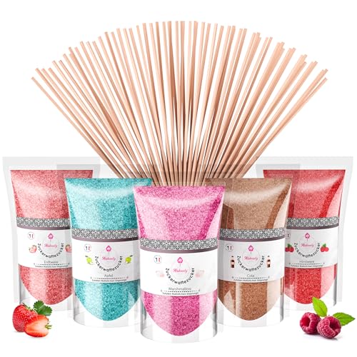 Misskandy®- Zuckerwatte Zucker 5X160Gr (Natürliche Aromen und Farben) Erdbeer-Cola-Apfel-Marshmallow-Himbeere/Zuckerwattemaschine/ + 20 Sticks (kostenlos)