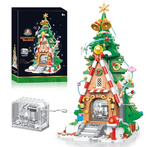 yzvey Weihnachtsbaum Spielzeug Bausteine, Weihnachten Handkurbel Spieluhren Weihnachtsbaum Musik Box, Weihnachten Geschenke Spielzeug für Erwachsene und Kinder ab 8 Jahren (1055 Teile)