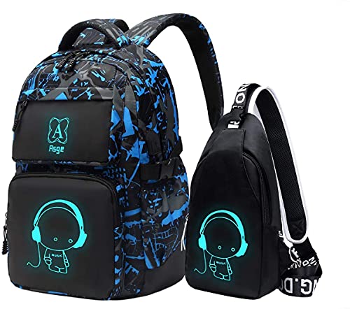 Asge schulrucksack für Jungen und Mädchen - Wasserdichter Rucksack Teenager, Reflektierend, Groß, für Schule und Outdoor Camping, inkl. Schultertaschen Set