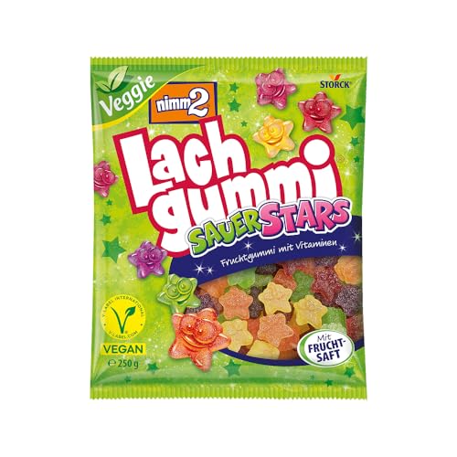 nimm2 Lachgummi SauerStars – 1 x 250 g – Vegane, saure Fruchtgummis, Süßigkeit mit Fruchtsaft und Vitaminen,