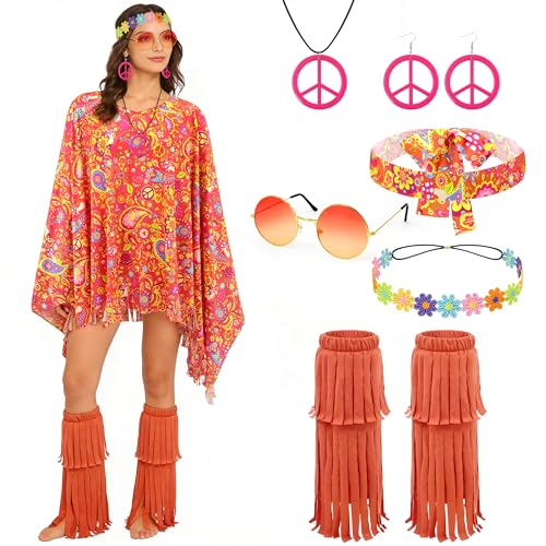 beifon 7 Stück Hippie Kostüm Damen Set, Faschingskostüme Damen Karneval Kostüm mit Hippie Poncho, 60er 70er 80er Jahre Outfit Flower Power Kleidung Hippie Accessoires für Cosplay