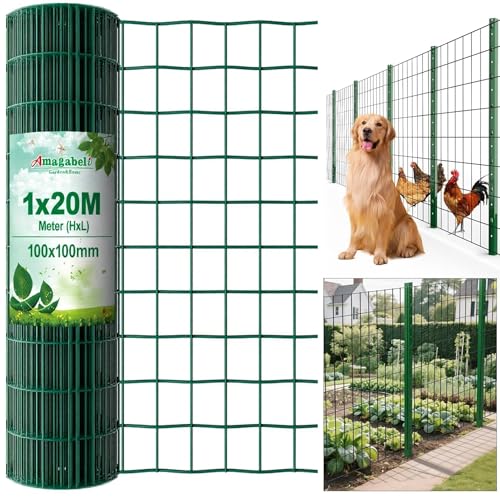 Amagabeli 1.0M X 20M Gartenzaun Zaun PVC-beschichteter Rostfrei 100 x 100mm 2.1 mm Drahtzaun Maschendraht Hundezaun Zaunelemente Grünen Drahtgitter Rolle Kaninchendraht Metall Forstzaun