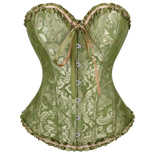 VONMELLI Korsett Damen Spitze Up Boned Overbust Vollbrust Corset Bustier Gothic Corsage Dessous Top Armeegrün XS