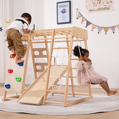 Giant bean 5-in-1 Montessori Kletterdreieck mit Kletterbogen und Rutsche, Holzdreieck für Kleinkinder ab 2-5, Indoor Kletterspielzeug, Regenbogen mit Griff (8 in 1)