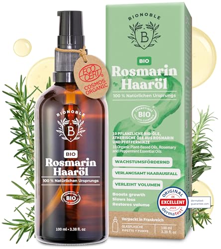 BIONOBLE Rosmarinöl Haare Bio - Fördert Haarwachstum, Verlangsamt Haarausfall, Kopfhaut Öl - Hair Oil mit Rosmarin Öl und Rizinusöl - Rosemary Oil for Hair Growth - Glasflasche, Pipette, Pumpe - 100ml