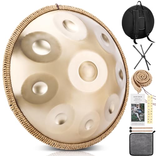 BIILOYY Handpan Drum, 22 Zoll 9/10/12/ Note 432/440 Hz Steel Tongue Drum in D-Moll Steel pan für Yoga-Meditation, Klangheilung (Gold, 9 Töne- 432Hz)