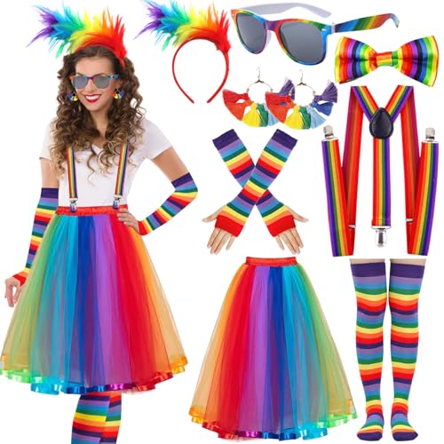 Regenbogen Kostüm Damen Karneval Tüllrock Bunt Lang Feder Haarreif Hosenträger Handschuhe Socken Ohrringe Regenbogen Rock Kleid Bunter Tüllrock Frauen Rockabilly Kostüm Damen 50er Jahre für Fasching