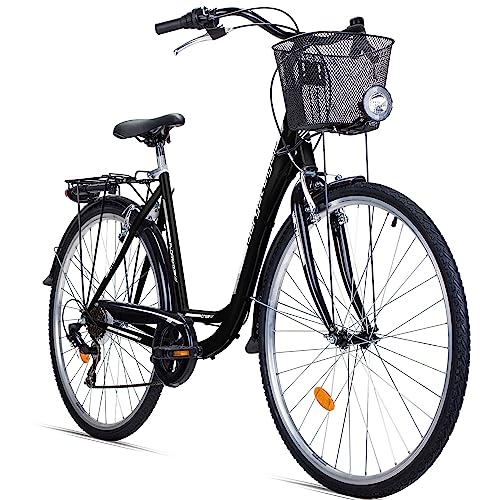 Bergsteiger Florenz 28 Zoll Damenfahrrad mit Korb, Beleuchtung & Schaltung, ab 160 cm, Damen Fahrrad mit 7 Gangschaltung, Retro Damenrad
