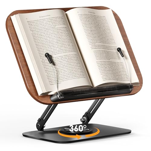 SupeDesk Buchständer zum Lesen,verstellbarer Holz-Buchhalter Leseständer,360° drehbar,faltbar,Kochbuchhalter mit Seitenclip,Präsentationsständer für Rezept,Zeitschrift,Tablet,Laptop,eleganter Retro