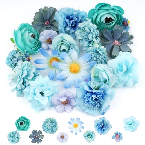 Neerow Kunstblumen zum Basteln, 20 Stück Blumen zum Basteln mit 10 Stile, für DIY Tortendeko Hochzeit Home Basteln DIY Basteln Scrapbooking (Blau)