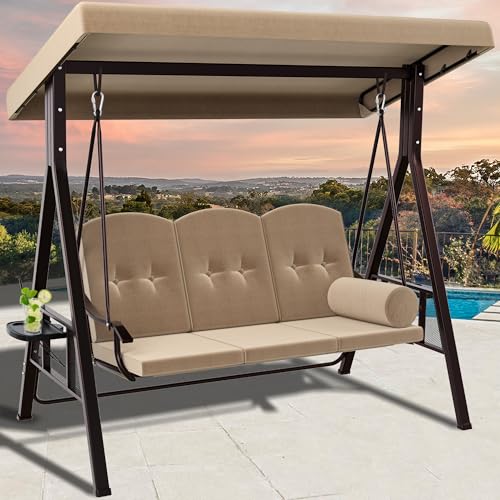YITAHOME Hollywoodschaukel, 3-Sitzer Gartenschaukel mit Liegefunktion mit Verstellbarem Baldachin und Abnehmbarem Kissen, Geeignet für Erwachsene im Garten, Pool, Balkon, Khaki