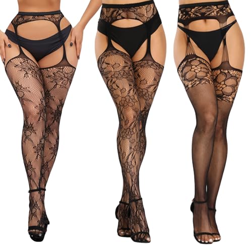 Carreneu 3 Paar StrapsstrüMpfe Strapsstrumpfhose Ouvert Strumpfhose Halterlose StrüMpfe Sexy Strapse Damen Strapsstrumpfhose für Damen Sexy Strumpfhosen für Frauen,Geeignet Zum Ausgehen und Feiern