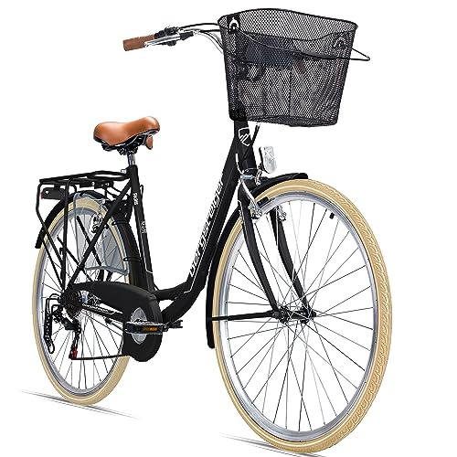 Bergsteiger Paris 26,28 Zoll Damenfahrrad, ab 140 cm, Korb, Fahrrad-Licht, 6 Gang-Schaltung, Damen-Citybike, Damenrad im Retro-Design