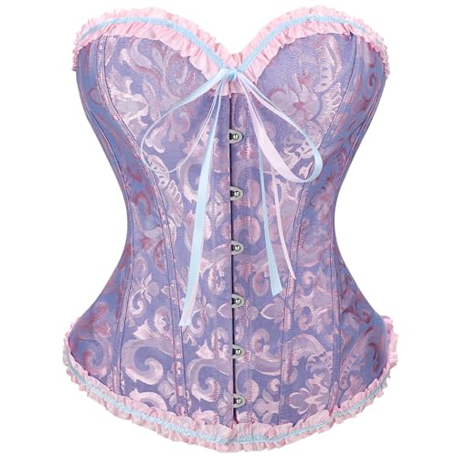VONMELLI Korsett Damen Spitze Up Boned Overbust Vollbrust Corset Bustier Gothic Corsage Dessous Top Blau Rosa M