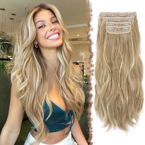 FESHFEN Clip in Extensions, 50cm 4 Stücke Lange Gewellte Hair Extensions Kunsthaar Natürliche 4PCs Synthetik Clip in Haarverlängerung für Frauen, Schmutziges Blond