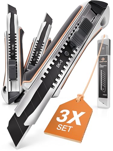 CRAFTUS® Profi Cuttermesser Set [3 Stück] aus Aluminium für Maximale Lebensdauer, Robuste Teppichmesser inkl. 10 SK5 Carbonstahl Abbrechklingen 18mm, für Heimwerker & Gewerbe