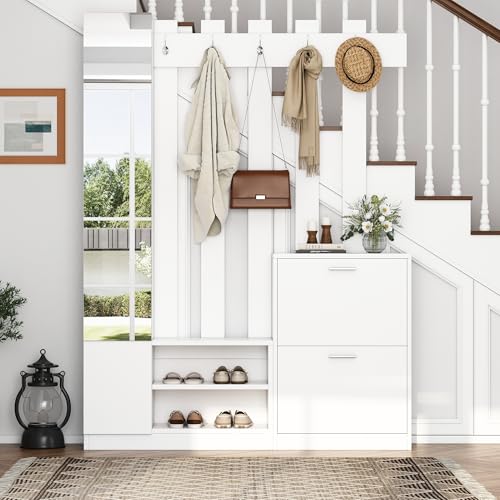 Oslghy Garderobenset Wandgarderobe, Garderoben Set mit Klapptüren Schuhschränken und Wandpaneelen, Garderobenständer mit 4 Kleiderhaken, Flurgarderobe Set mit Spiegel und Türen, Weiß, 135x25x180 cm