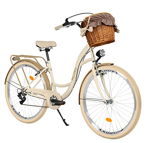 Generic Komfort Fahrrad Citybike Mit Weidenkorb Damenfahrrad Hollandrad, 28 Zoll, Creme-Braun, 7-Gang Shimano