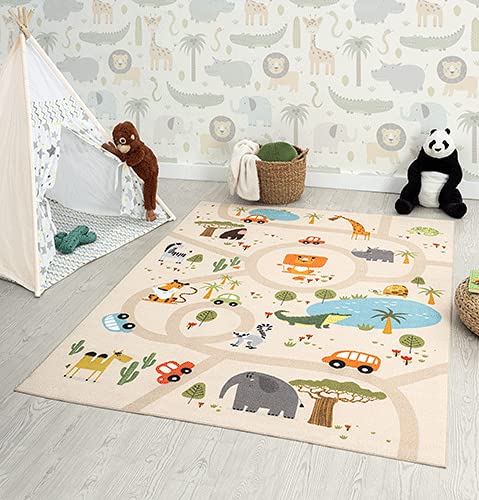 the carpet Happy Life Kinderzimmer, Kinderteppich, Spielteppich, Straßenteppich, Straße, Dschungel, Tiere, Auto, Beige, 80 x 150 cm
