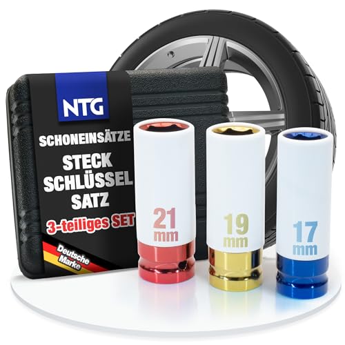 NTG 3tlg Steckschlüsselsatz 1/2 Zoll Schoneinsätze für Alufelgen 17 19 21 mm Schlagschrauber Nüsse Cr-Mo Schonnüsse Radwechsel Felgenschutz Set mit Kunststoff-Einsatz im Koffer