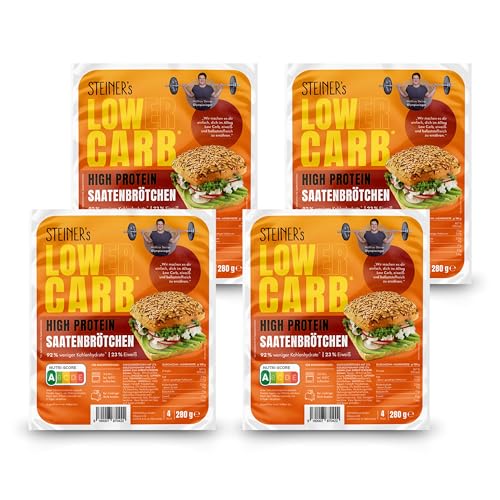 STEINER´s Low Carb High Protein Saatenbrötchen | 92% weniger Kohlenhydrate | high protein | nur 2,8g Kohlenhydrate | 23g Eiweiß (4er Pack, 16 Stk.)